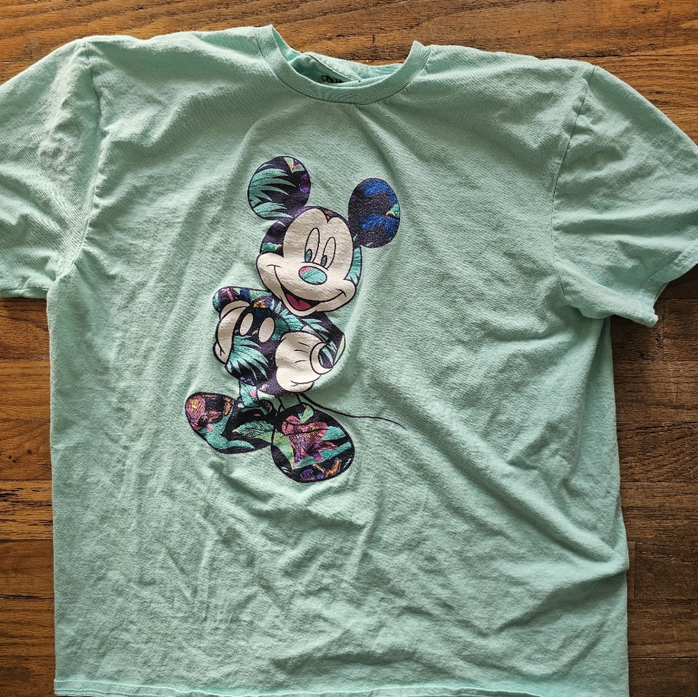 Disney Mickey Mouse Shirt Men's Lg Teal Blue Hawaiin Design Short Sleeve